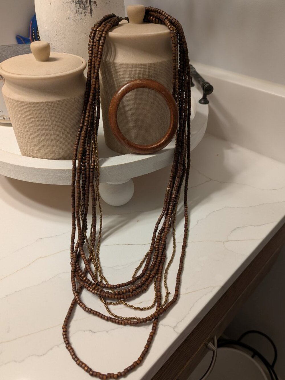 3/$4 for $10 Boho Multi-Strand Wood & Seed Bead Necklace with Wooden Bangle Set